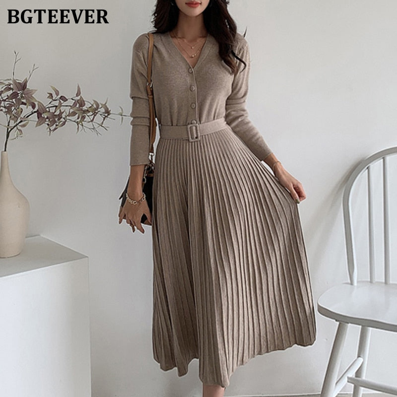 BGTEEVER Elegant V-neck Single-breasted Women Thicken Sweater Dress 2021 Autumn Winter Knitted Belted Female A-line soft dresses