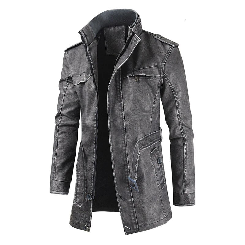 Men Winter Brand New Long Thick Fleece Leather Jacket Parkas Men Outfit Fashion Warm Casual Vintage Faux Leather Jacket Coat Men