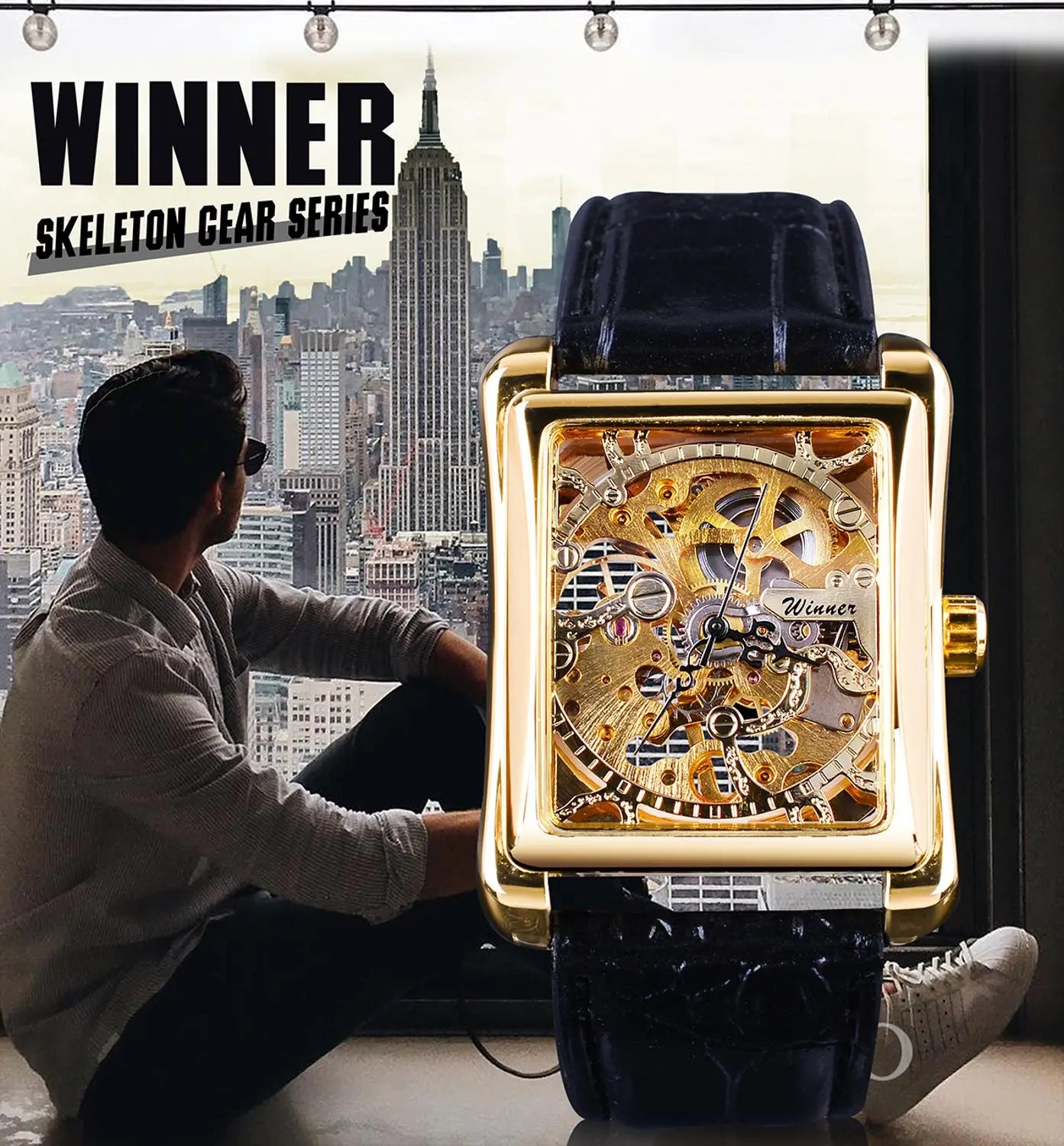 Winner 2017 Retro Casual Series Rectangle Dial Design Golden Pattern Hollow Skeleton Watch Men Watch Top Brand Luxury Mechanical