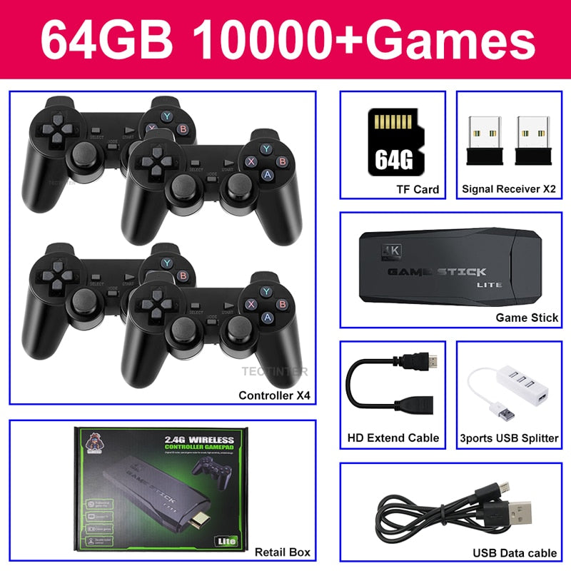 4K TV Game Stick Video Game Console For PS1/GBA/FC 10000+ Games Handheld Game Console With 4 Gamepads Wireless Controller