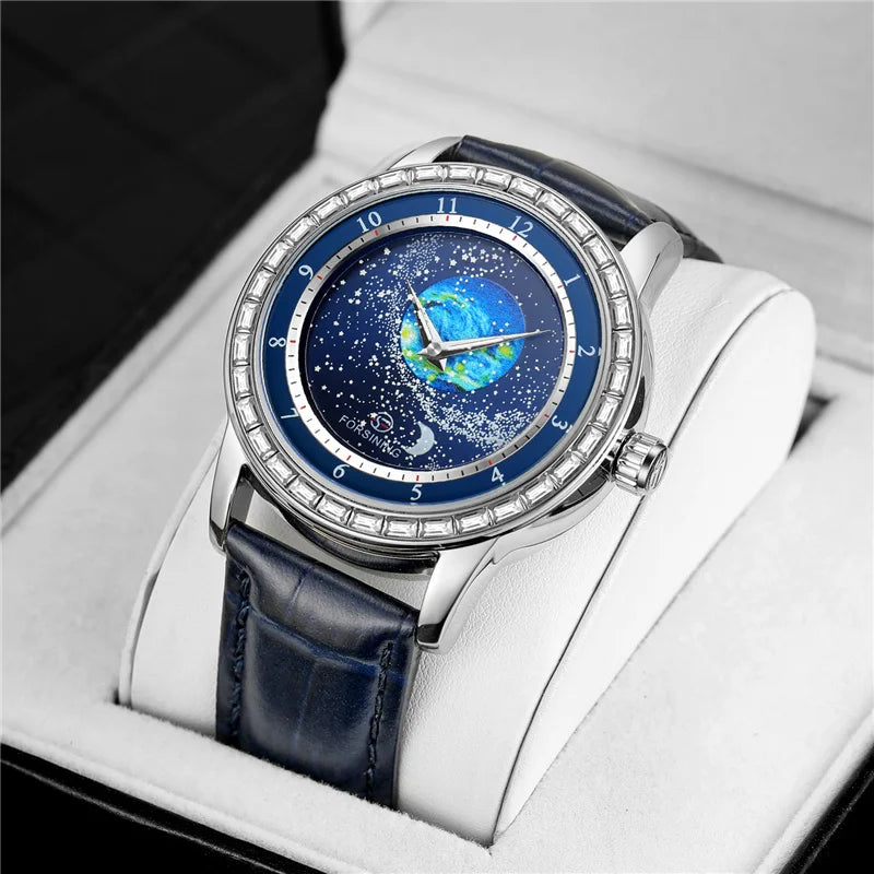 Forsining 432E New Original Automatic Mechanical Watch For Men Luxury Diamond Rotational Starry Sky Moon Phase Wristwatch
