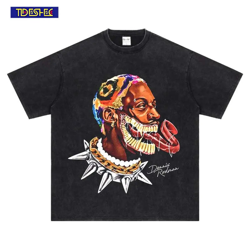 Retro Tshirt Men Oversized Funny Spoof Rodman Printed T-Shirt Hip-Hop Streetwear Cotton Washed Short Sleeve Vintage T-Shirt