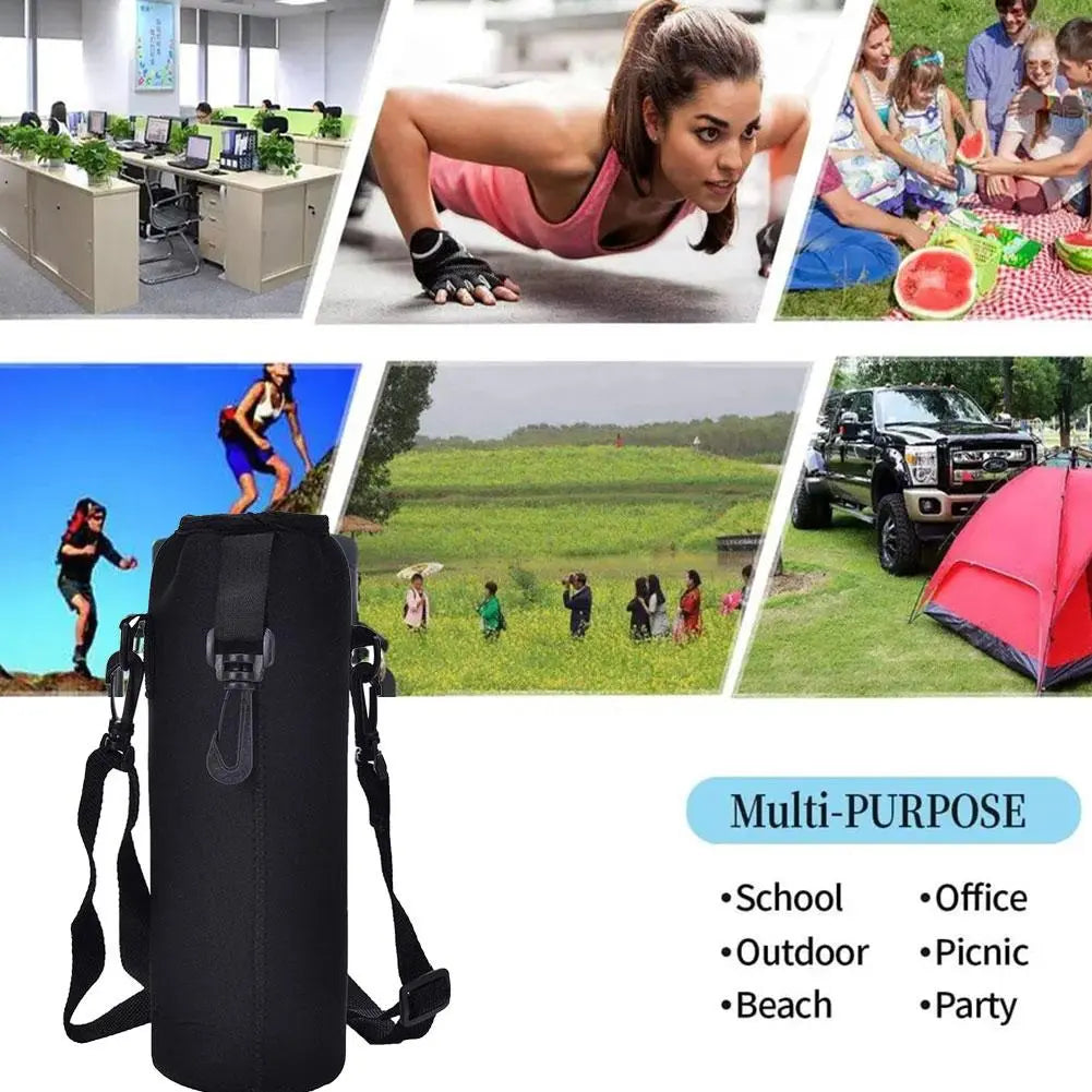Sports Water Bottle Sleeve Bag Portable Cup Holder Protective Cover Black Carrying Bag With Shoulder Strap For Outdoors Sports