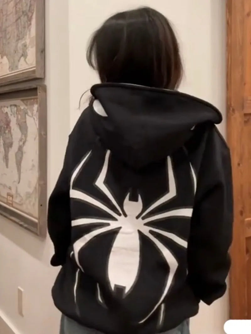 Gothic Spider Print Hoodies Y2K Retro Long Sleeve Full Zip Sweatshirt