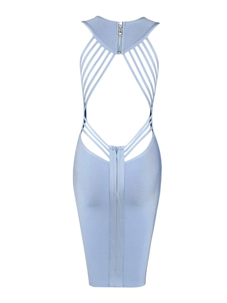 New Fashion Sexy V Neck Designer Light Blue Bandage Dress Women Sexy Backless Summer Party Dress