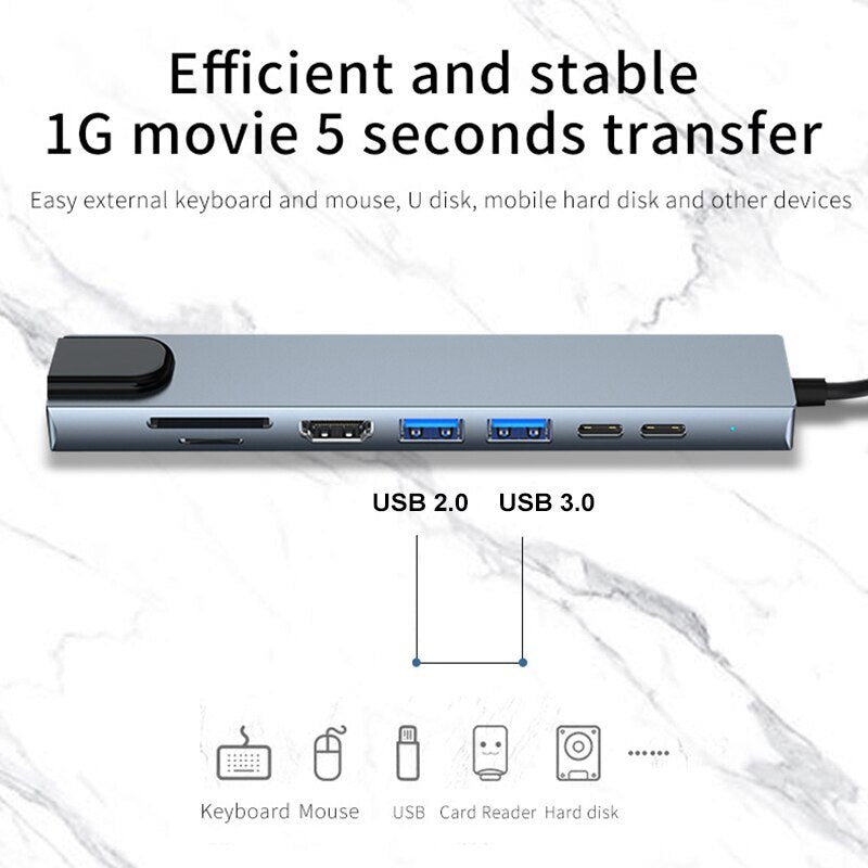 USB C Hub 8 In 1 Type C 3.1 To 4K HDMI Adapter with RJ45 SD/TF Card Reader PD Fast Charge for MacBook Notebook Laptop Computer