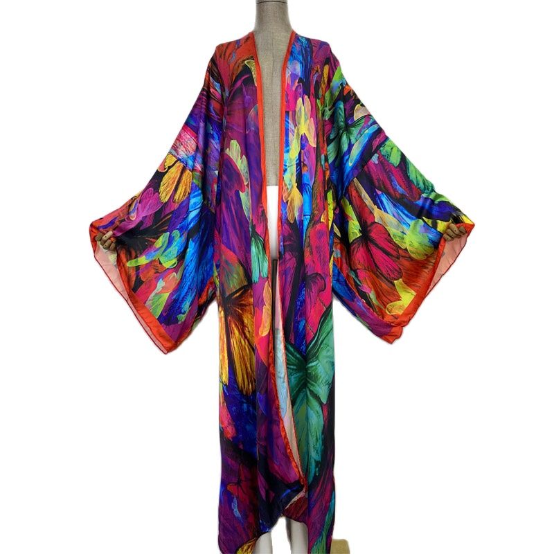 2022 new WINYI Summer Butterfly printing Beach Wear Swim Suit elegant Africa women boho Cardigan sexy Holiday long Sleeve Kimono