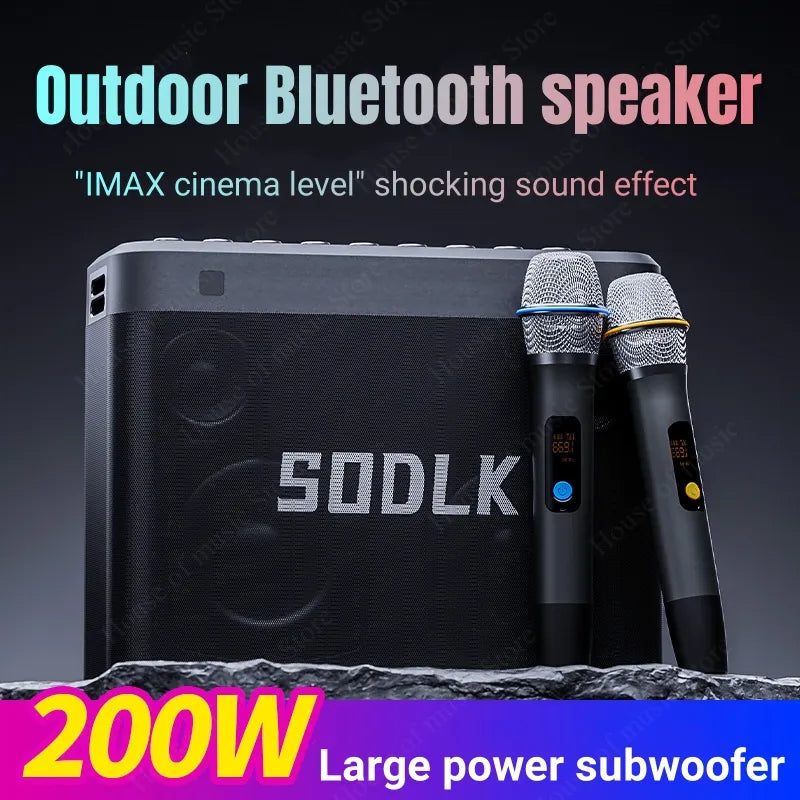 SODLK S1314 Professional Karaoke Machine 200W Portable Bluetooth Speaker with 2 Wireless Microphones Echo/Treble/Bass Adjustment