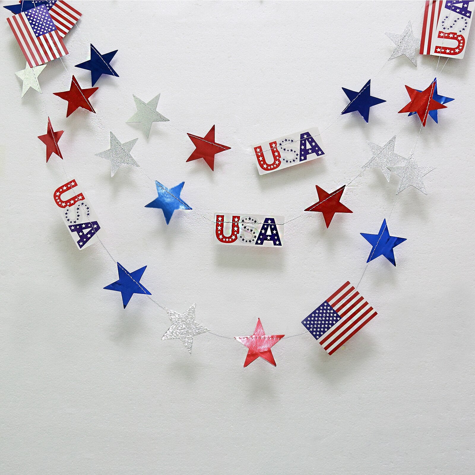 4th of July Red White Blue USA Themed Party Paper Star Streamers Patriotic Glitter Star Garland String Chain Hanging Decorations