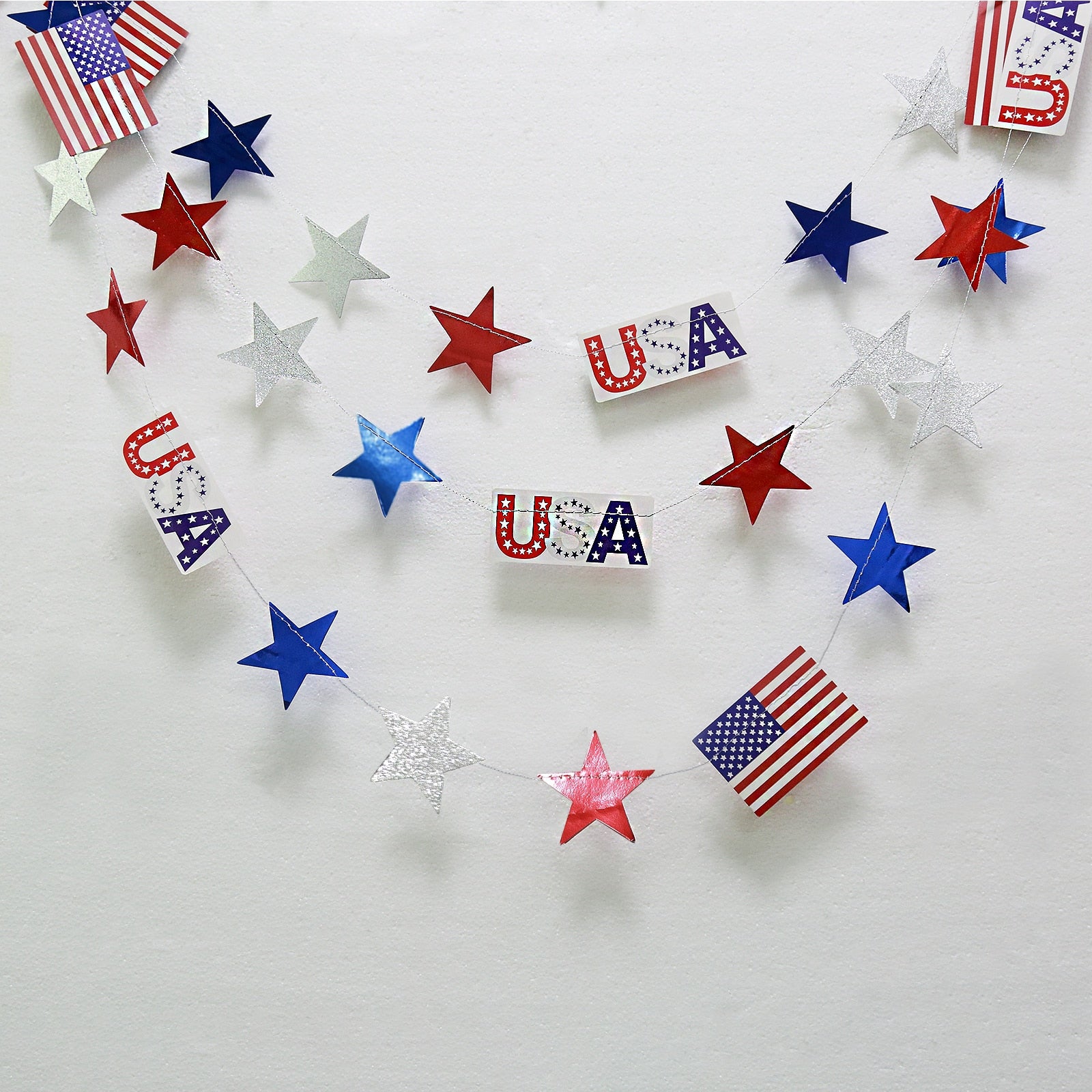 4th of July Red White Blue USA Themed Party Paper Star Streamers Patriotic Glitter Star Garland String Chain Hanging Decorations