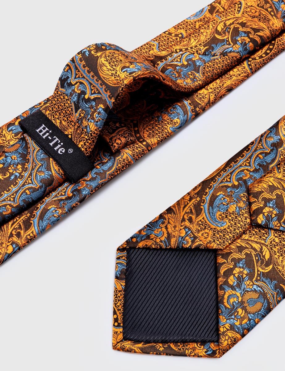 Hi-Tie 100% Silk Luxury Mens Ties Floral Black Gold Ties Paisley NeckTie Pocket Square Cufflinks Set Men&#39;s Wedding Party Tie