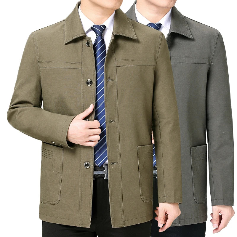 2023  Middle-aged and Old Cotton Jacket Male Dad Spring and Autumn Middle-aged Lapel Trench Coat Large Version with Buttons Coat