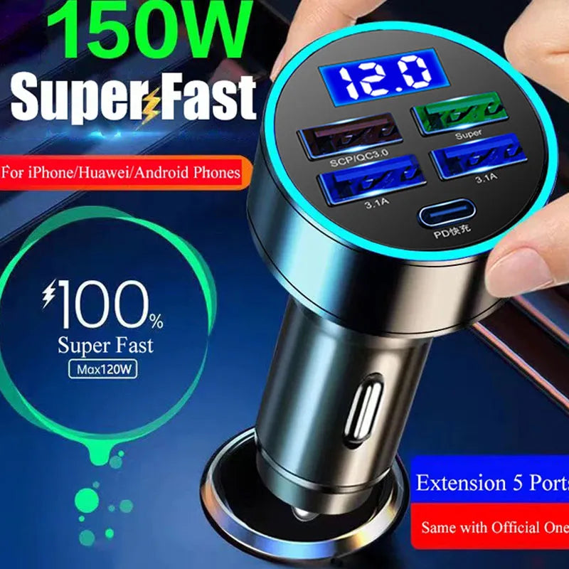 Fast Charging 150W 5 Ports Car Charger PD QC3.0 USB