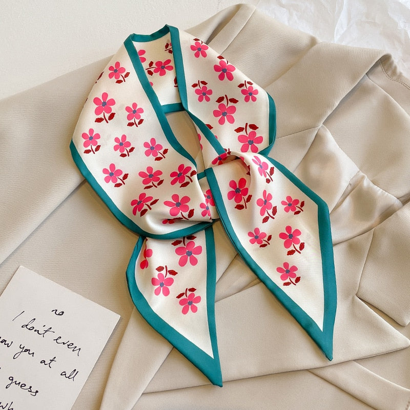 Fashion Print Hair Ribbon Scarf Women Neck Tie Bag Scarfs Satin Silk Skinny Headscarves Ladies Foulard Floral Bands 2022 New