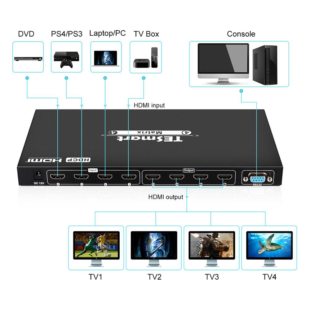 Tesmart matrix4x4 latest update 4K @ 30Hz power supply 4 v 4 V output supports PCM, Dolby AC3, dts5.1, dts7.1 and DTS