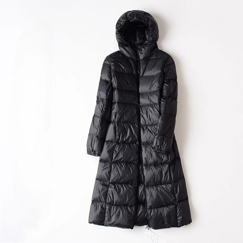 2023 New Women Down Jacket Winter Coat Female Long Knee Length Parkas Large Size Hooded Outwear Thin Comfortable Outcoat