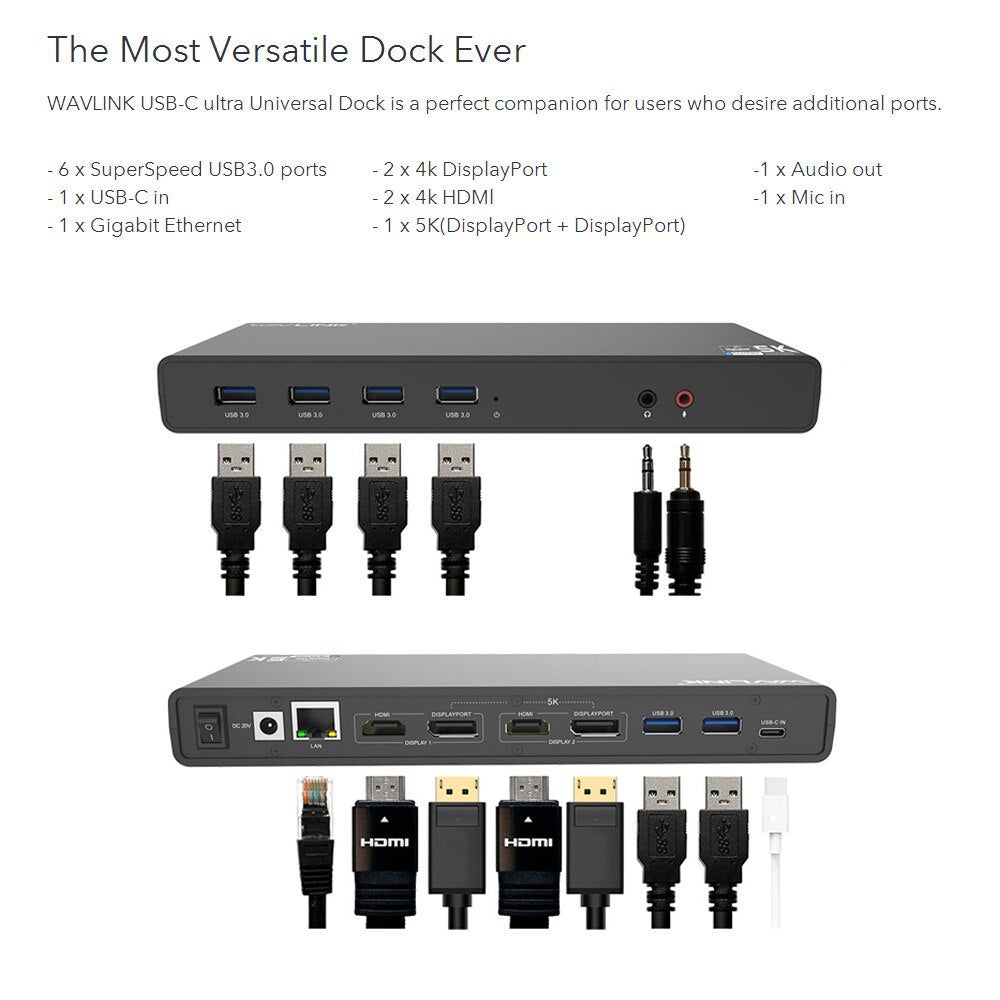 Wavlink Universal Docking Station Displaylink 5K USB-C Dual Display USB 3.0 Video Gigabit Ethernet HDMIport For Windows Mac OS