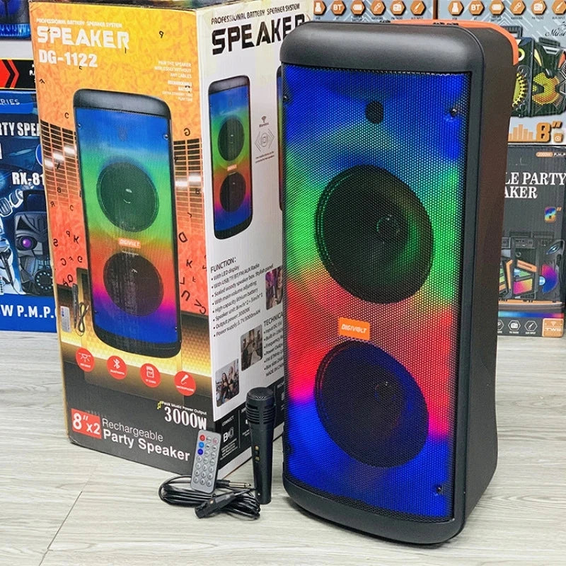 Large Size Subwoofer 3000W Peak Power Portable Dual 8inch Horn Wireless Karaoke Party Bluetooth Speaker Outdoor Led Light Column