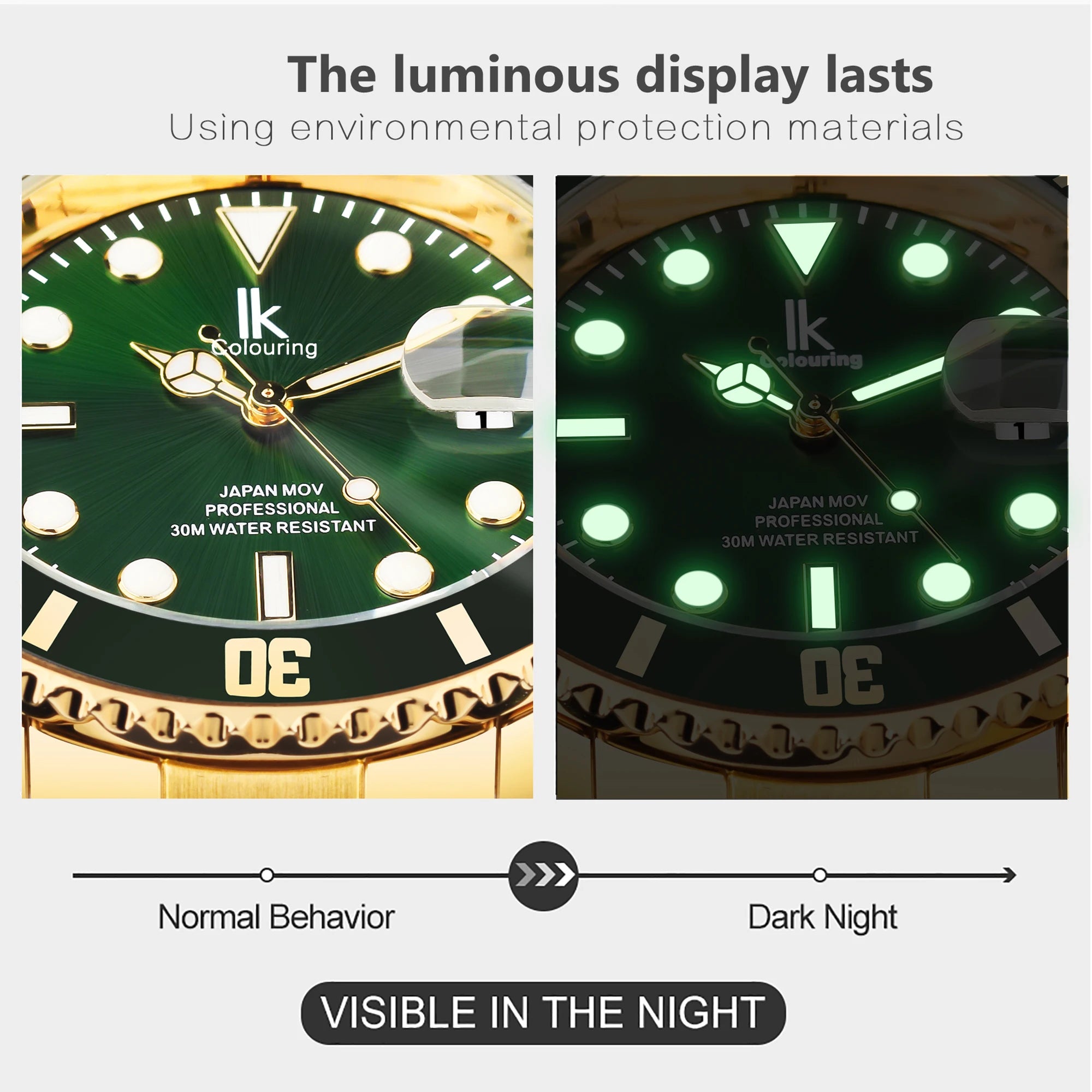 IK Coloring 2022 Luxury Brand Design Green Bezel Waterproof Clock Mens Quartz Golden Stainless Steel Calendar Sport Wristwatches