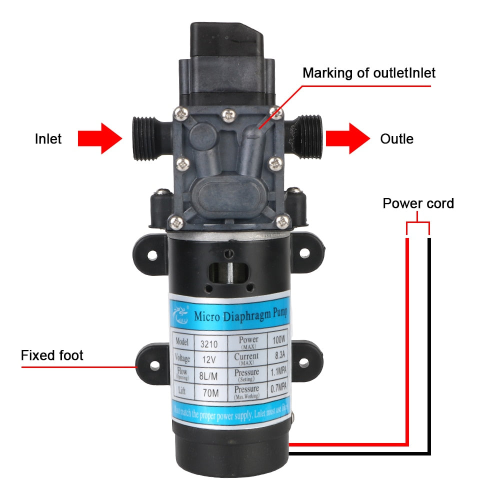 Diaphragm Self Priming Pump DC 12V 100W 8L/min Water Spray Car Wash Micro High Pressure Agricultural Electric Water Pump