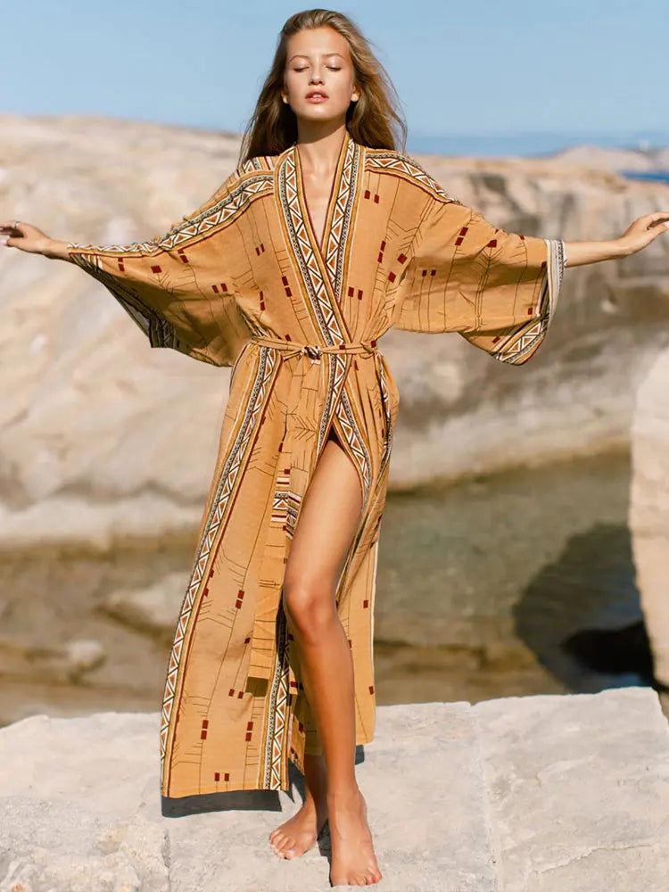 Bohemian Printed Bikini Cover-ups Elegant Self Belted Kimono Dress Tunic Women Plus Size Beach Wear Swim Suit Cover Up Q1228