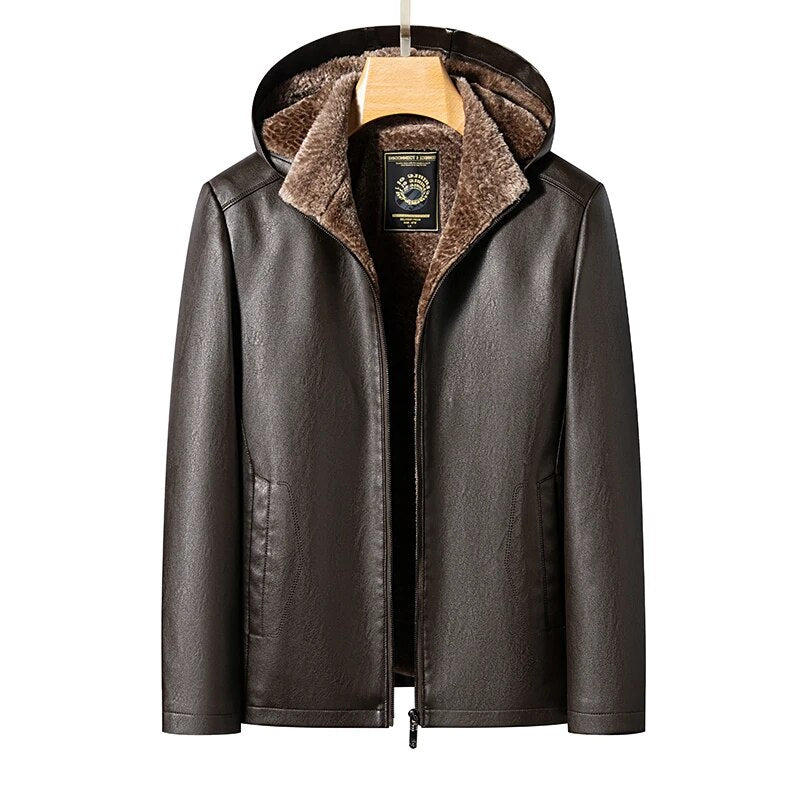 2023 Winter New Men's Leather Coat Fleece-Lined Thickened Fur Integrated Hooded Casual Warm Casual Jacket Coat