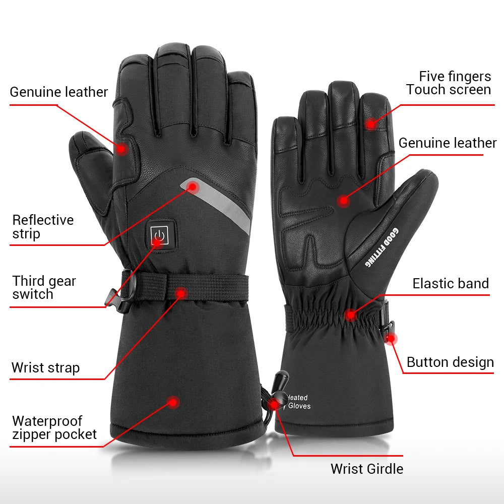 Heated Gloves Winter Warm Lithium Battery Non-slip Heated Gloves Skiing Leather Thermal Waterproof Heated Rechargeable Gloves