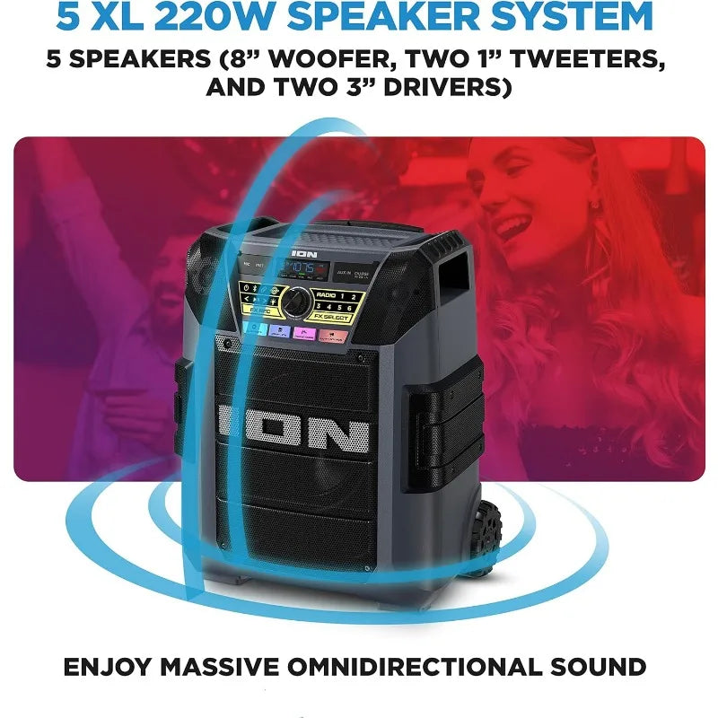 ION Block Rocker XL - Portable Bluetooth Outdoor Party Speaker, 220W, with Karaoke Microphone, Battery, 5 Speakers, Lights