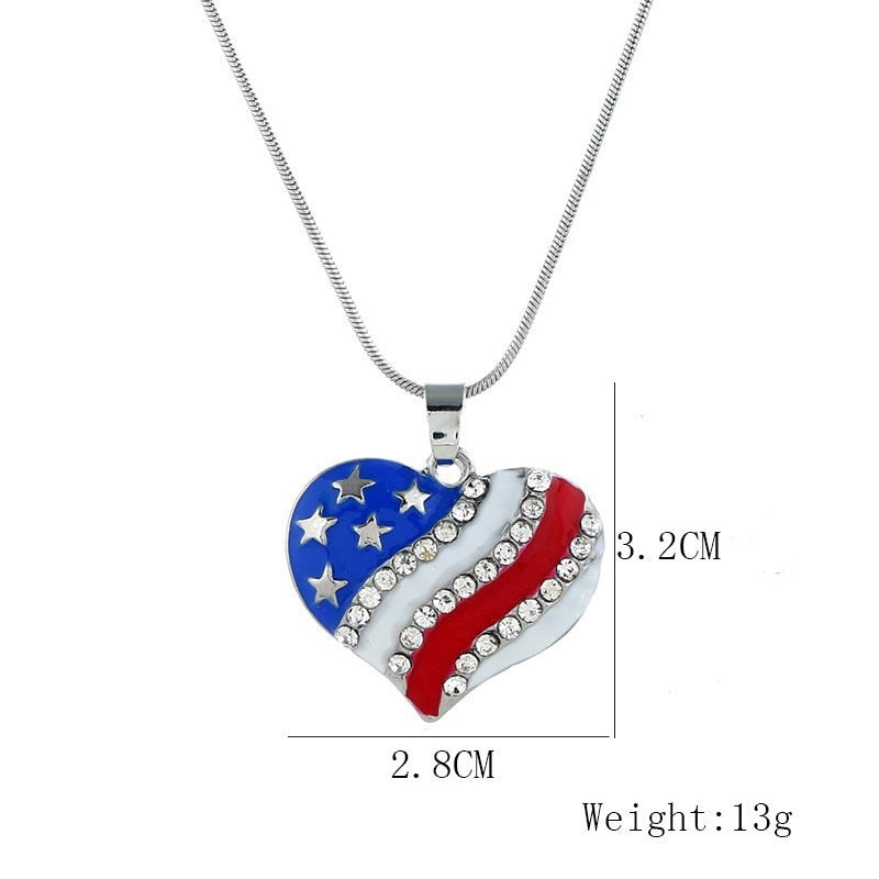 USA Labor Day American Flag Enamel Blue & Red Crystal Rhinestone Heart Patriotic Independence Day Pendant Necklaces