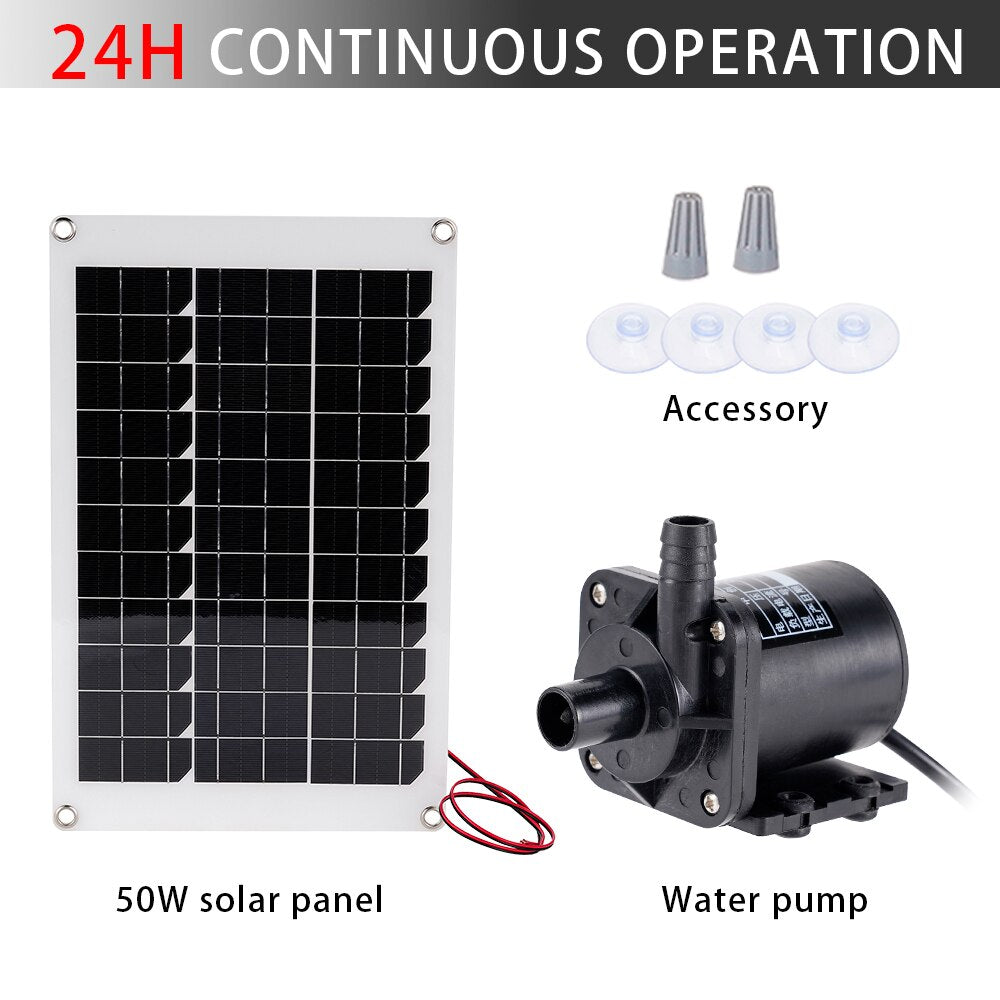 50W Solar Panel Brushless Solar Power Water Pump Set Ultra-quiet Submersible Water Sprinkler Pool Pond Garden Fountain Decor