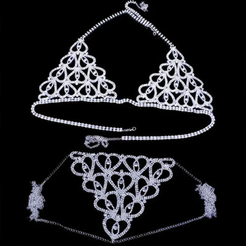 Fashion Rhinestone Heart Bra Thong Set Bikini Cover Up Women Summer Sexy Shiny Crystal Swimsuit Accessories for Party Beachwear