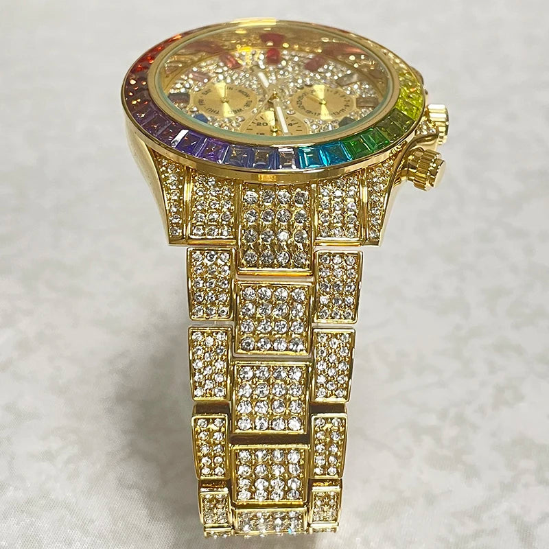 2022 Luxury Brand MISSFOX Gold Hip Hop Watches Men Fashion Rainbow Diamond Waterproof Smart Watch Full Steel Sports Clocks Male