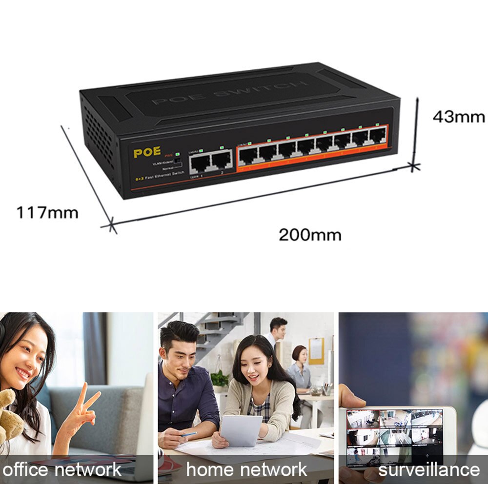 TEROW POE Switch 10-Port 100Mbps Ethernet Smart Switch 8 PoE+2 UpLink With Internal Power Office Home Network Hub for IP Camera