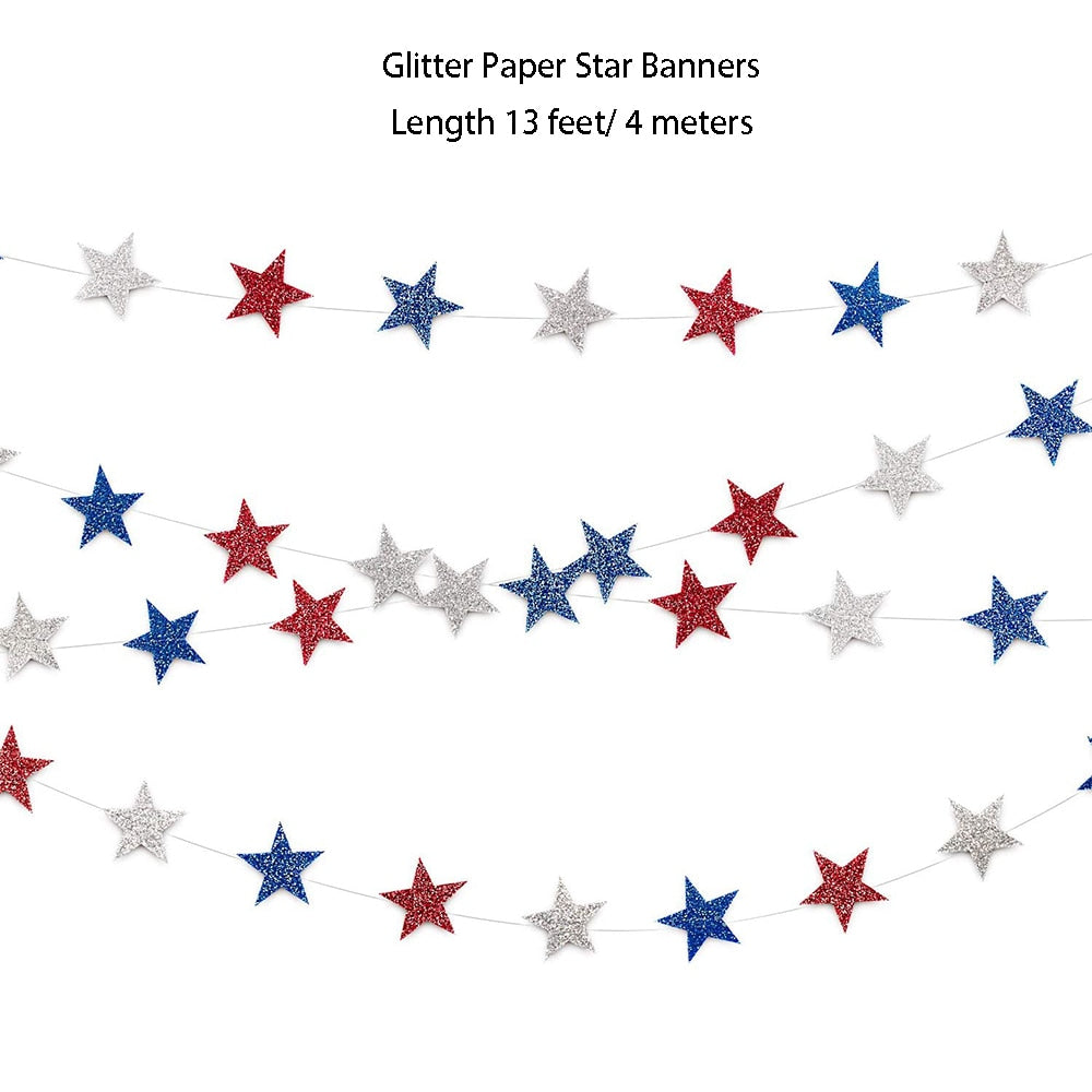 4th of July Red White Blue USA Themed Party Paper Star Streamers Patriotic Glitter Star Garland String Chain Hanging Decorations