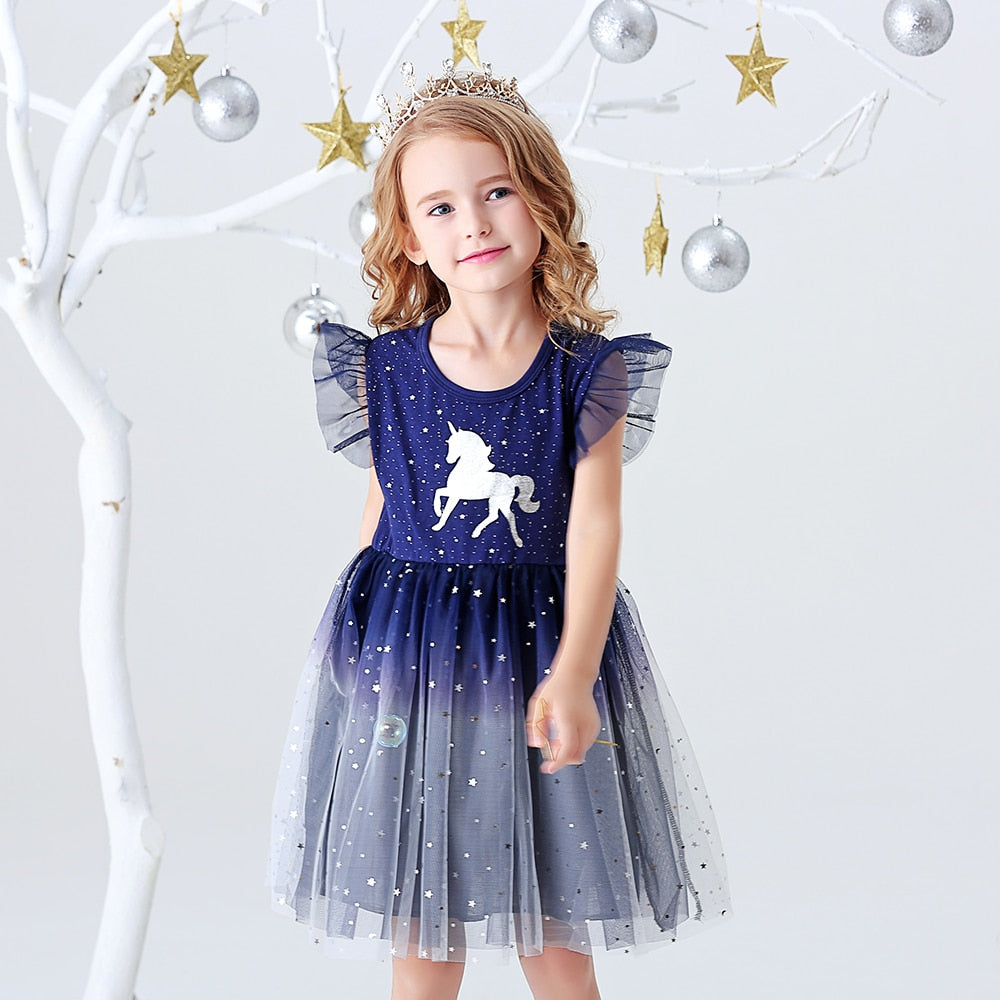 DXTON Girls Clothes for Summer Princess Dresses Kids Flare Sleeve Unicorn Print Dress Girls Party Dresses Children Clothing 3-8Y
