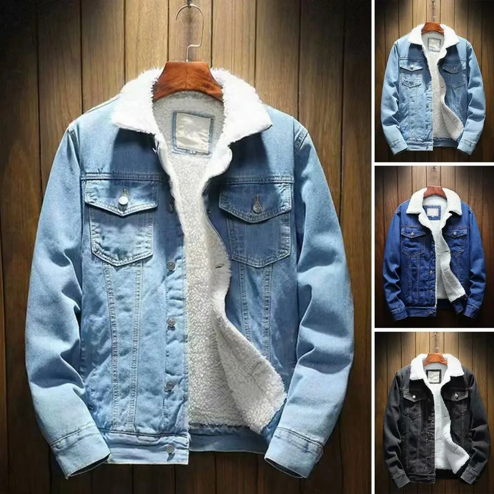 Men Jean Jacket Thicken Lamb Cashmere Lining Solid Color Coldproof Outerwear Winter Single Breasted Denim Coat Streetwear