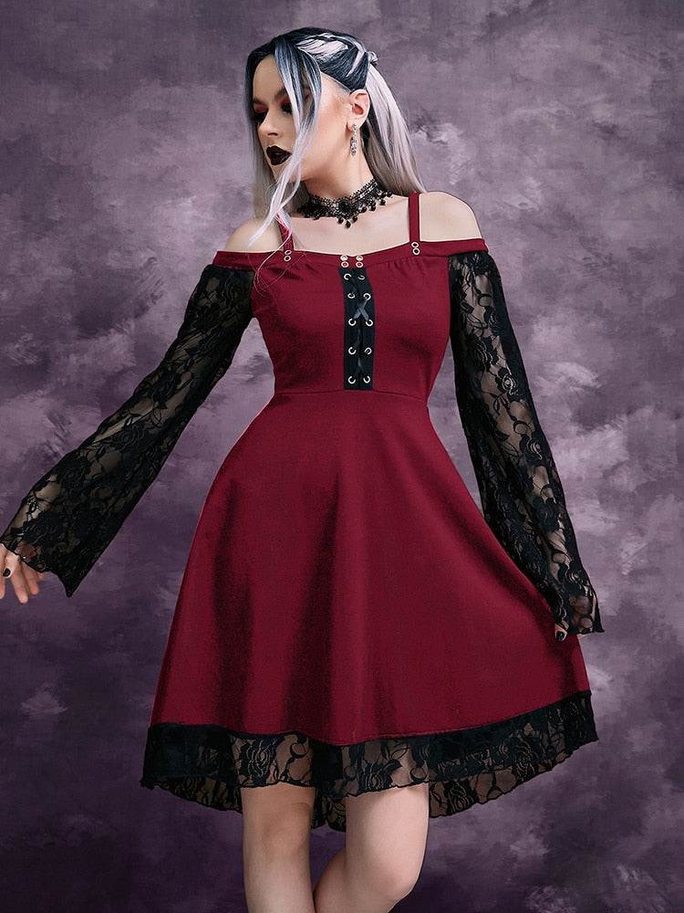 Goth Dark Gothic Aesthetic Vintage Women Autumn Dresses Grunge Lace Patchwork Flare Sleeve Black A-line Dress Punk Partywear