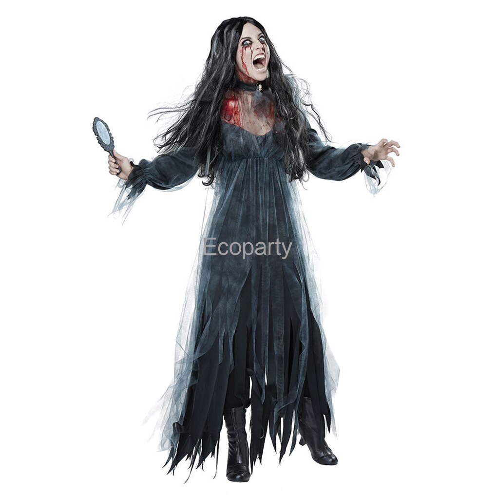 Women Halloween Horror Bride Ghost Zombie Cosplay Halloween Black White Long Sleeve Irregular Dress Masquerade Party Dress Up