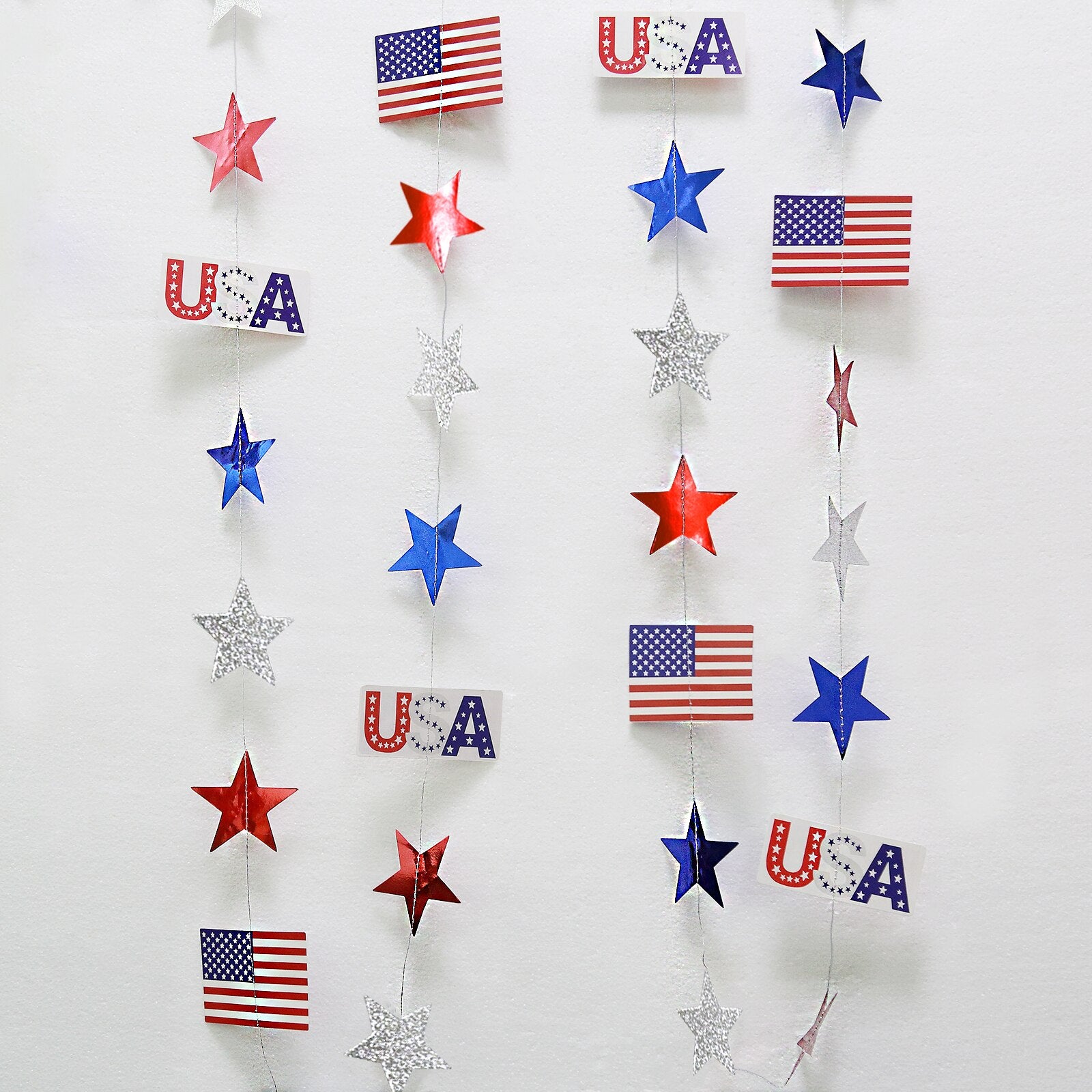 4th of July Red White Blue USA Themed Party Paper Star Streamers Patriotic Glitter Star Garland String Chain Hanging Decorations