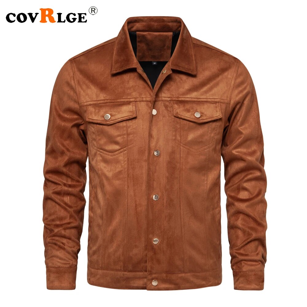 Covrlge 2023 Autumn Winter Suede Leather Jacket Men Fashion Luxury Casual Turn Down Collar Men's Jacket Slim Fit Mens Jackets