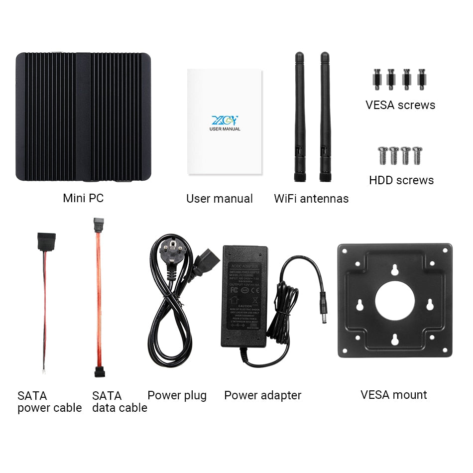 XCY Fanless Mini PC Intel Celeron J1900 Quad-Cores 2.0GHz 2x RS232 2x LAN Windows 10 Linux Embedded IoT Industrial Computer