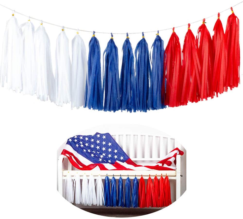 4th of July Red White Blue USA Themed Party Paper Star Streamers Patriotic Glitter Star Garland String Chain Hanging Decorations