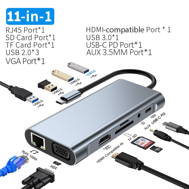 USB C Hub 11 in 1 Docking Station Adapter to 4K HDMI-compatible RJ45 Ethernet SD/TF 3.5MM AUX Hub for MacBook Pro Laptop