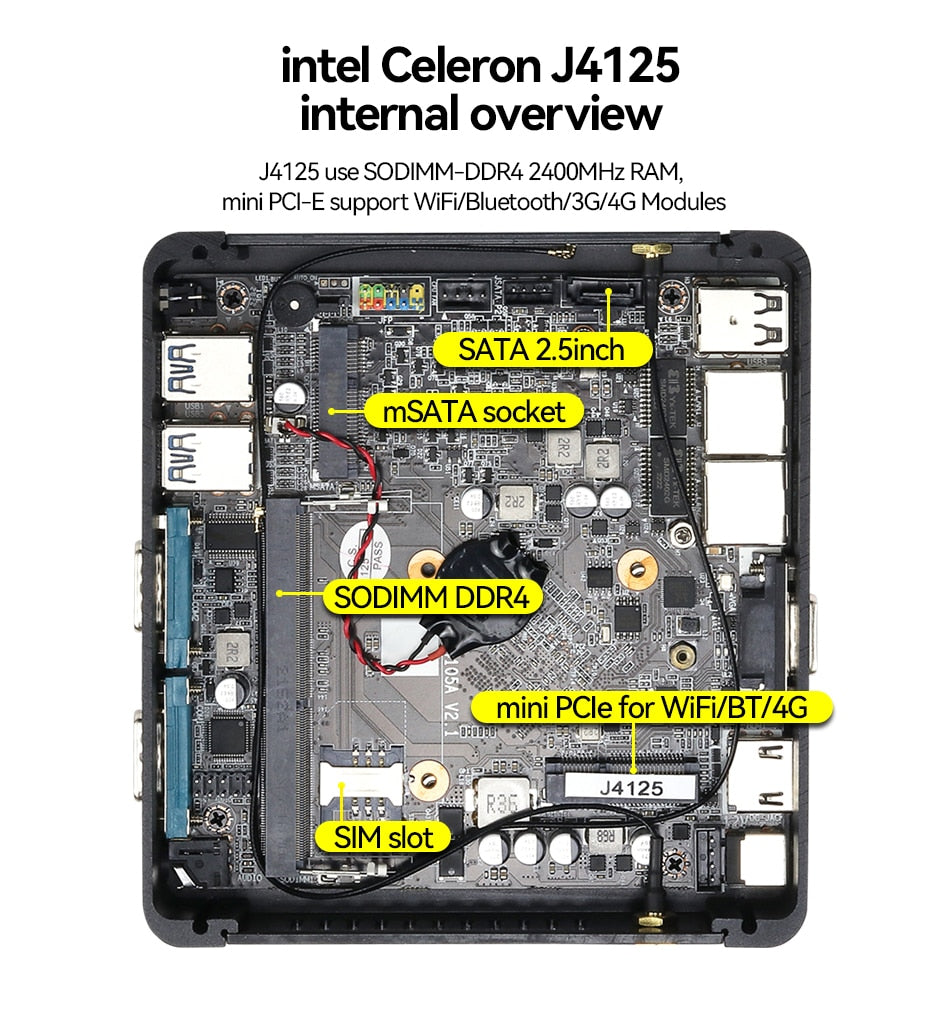 XCY Fanless Mini PC Intel Celeron J4125 2x GbE LAN 2x RS232 HDMI VGA Support WiFi 4G LTE Windows 10 Linux Industrial Computer