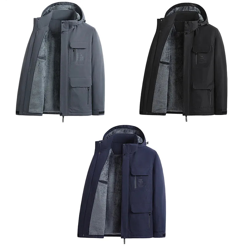 2023 Winter Men Outdoor Windproof Waterproof Hooded Cargo Jackets Men Winter Warm Multiple Pockets Detachable Hat Men Jackets