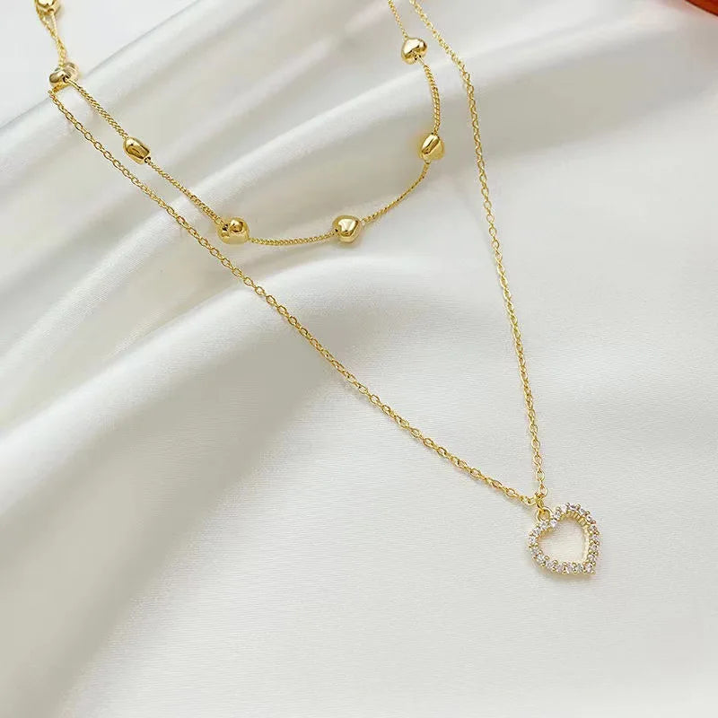 14k Plated Gold Double Layer Heart Necklace Shining Bling AAA Zircon Women Clavicle Chain Elegant Charm Wedding Pendant Jewelry