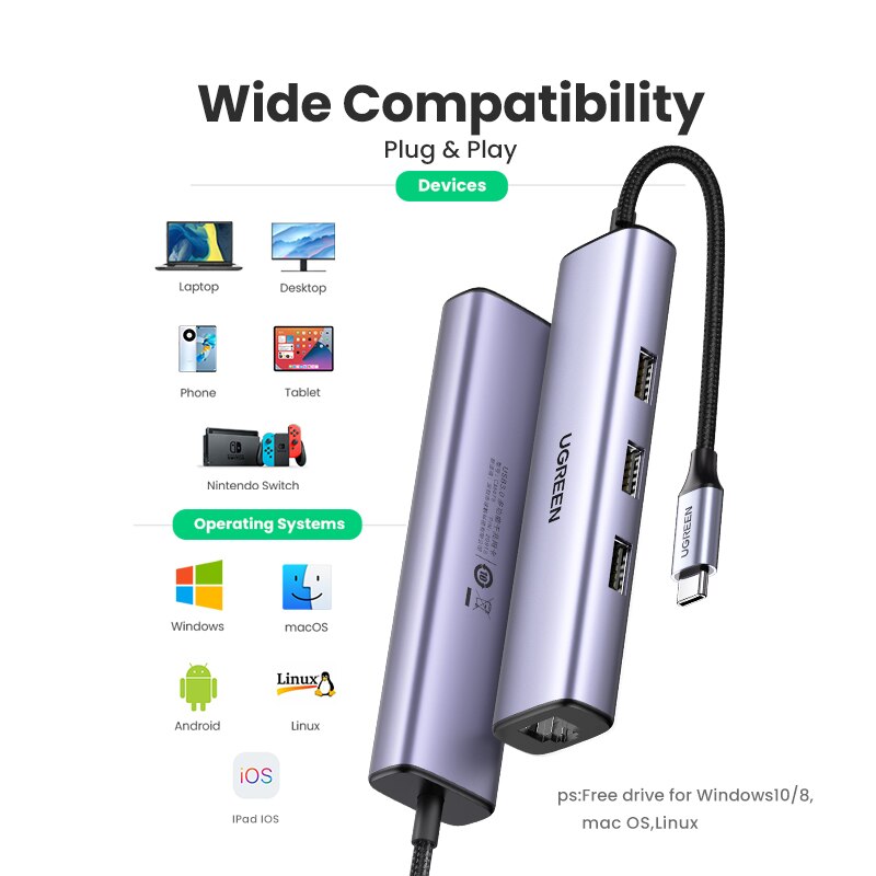 UGREEN USB C Ethernet HUB USB3.0 1000Mbps Gigabit Network Card for Laptop PC Nintendo Switch USB Ethernet Adapter USB to RJ45