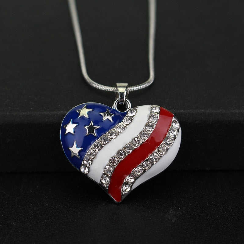 USA Labor Day American Flag Enamel Blue & Red Crystal Rhinestone Heart Patriotic Independence Day Pendant Necklaces