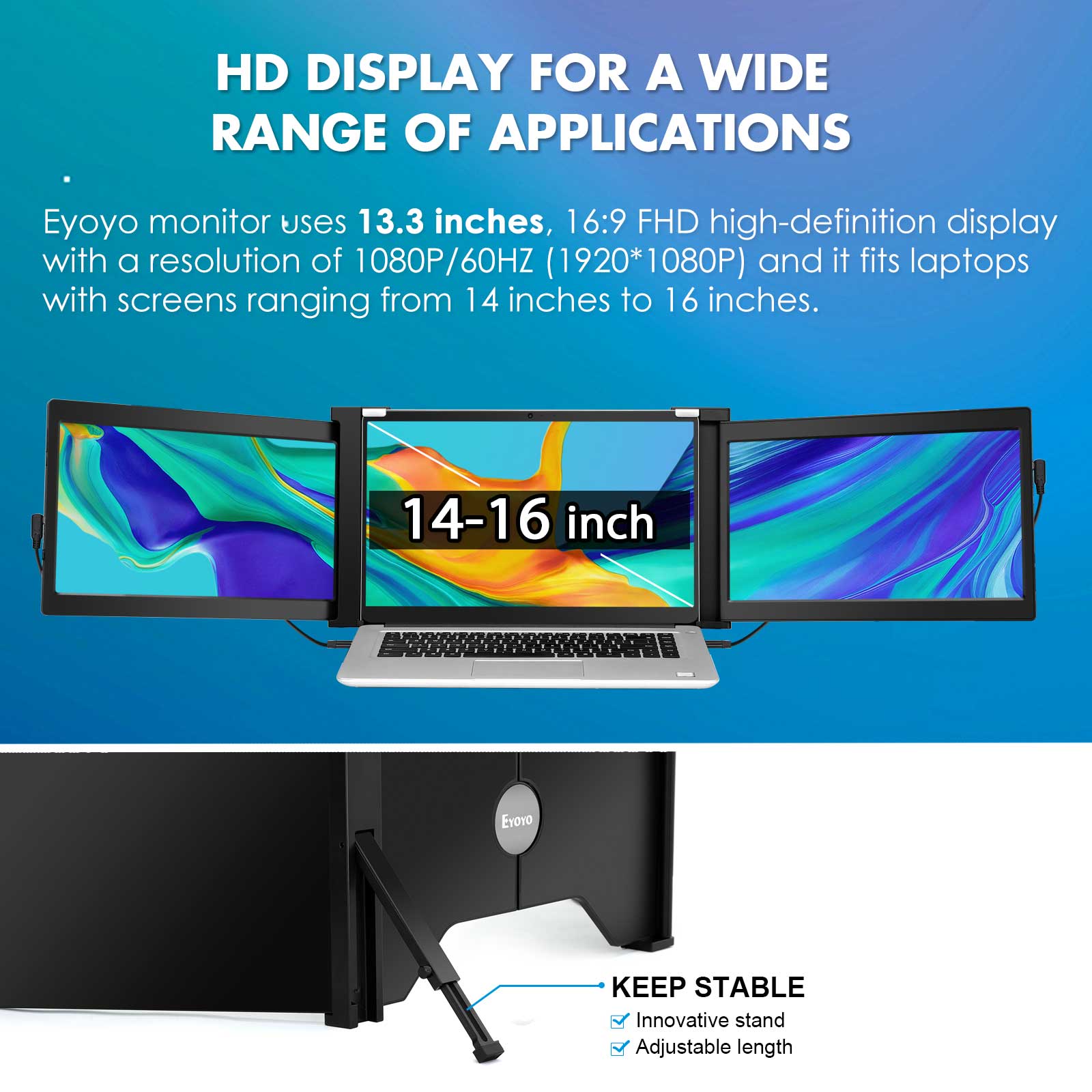 Eyoyo Portable Dual Screen USB-C Gaming Monitor 13.3 Inch HDR 1920x1080P IPS Second Display for Triple Laptop Computer Extender