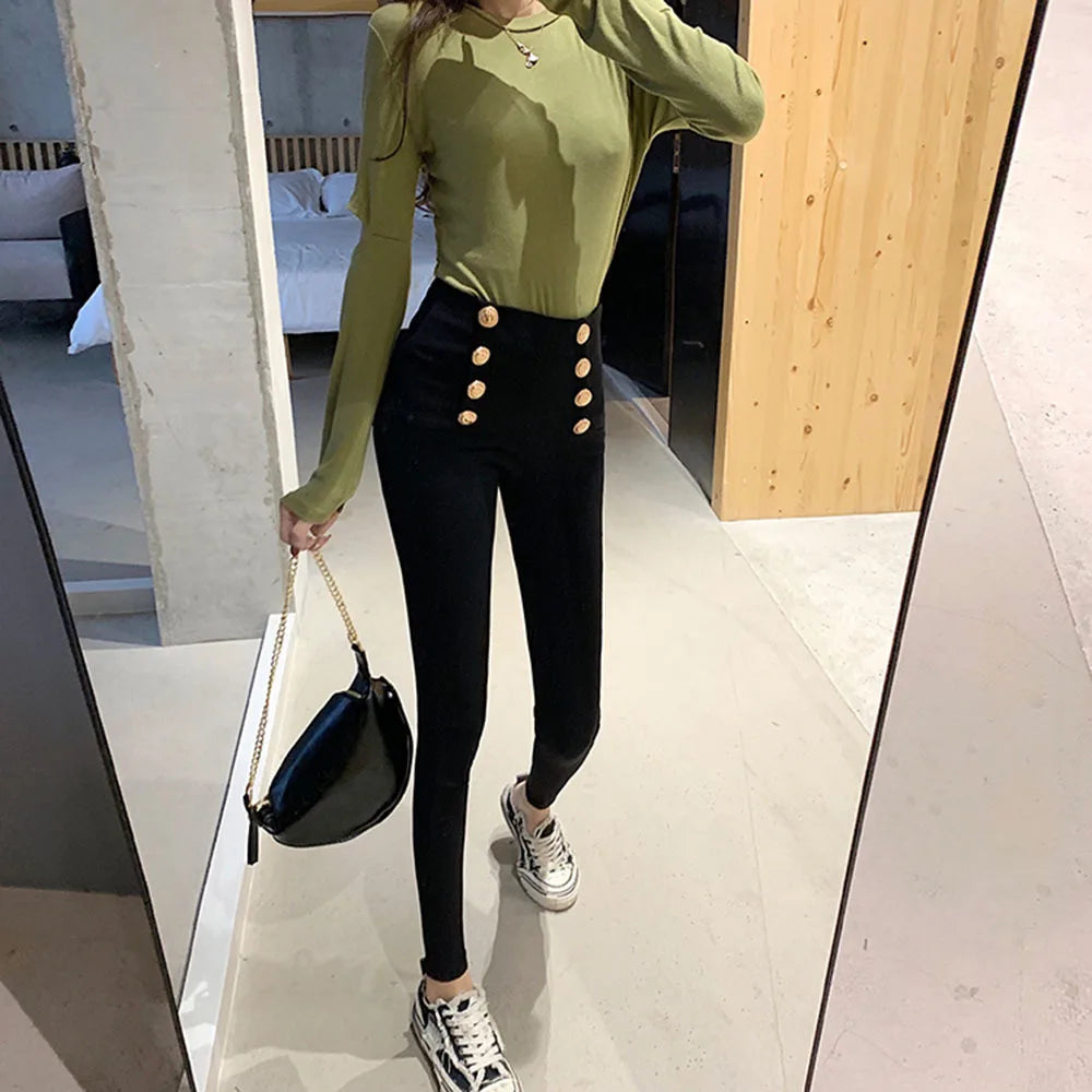 Fashion women's trousers Spring autumn new high-elastic double-breasted tight-fitting high-waisted slimming pants Women's pants